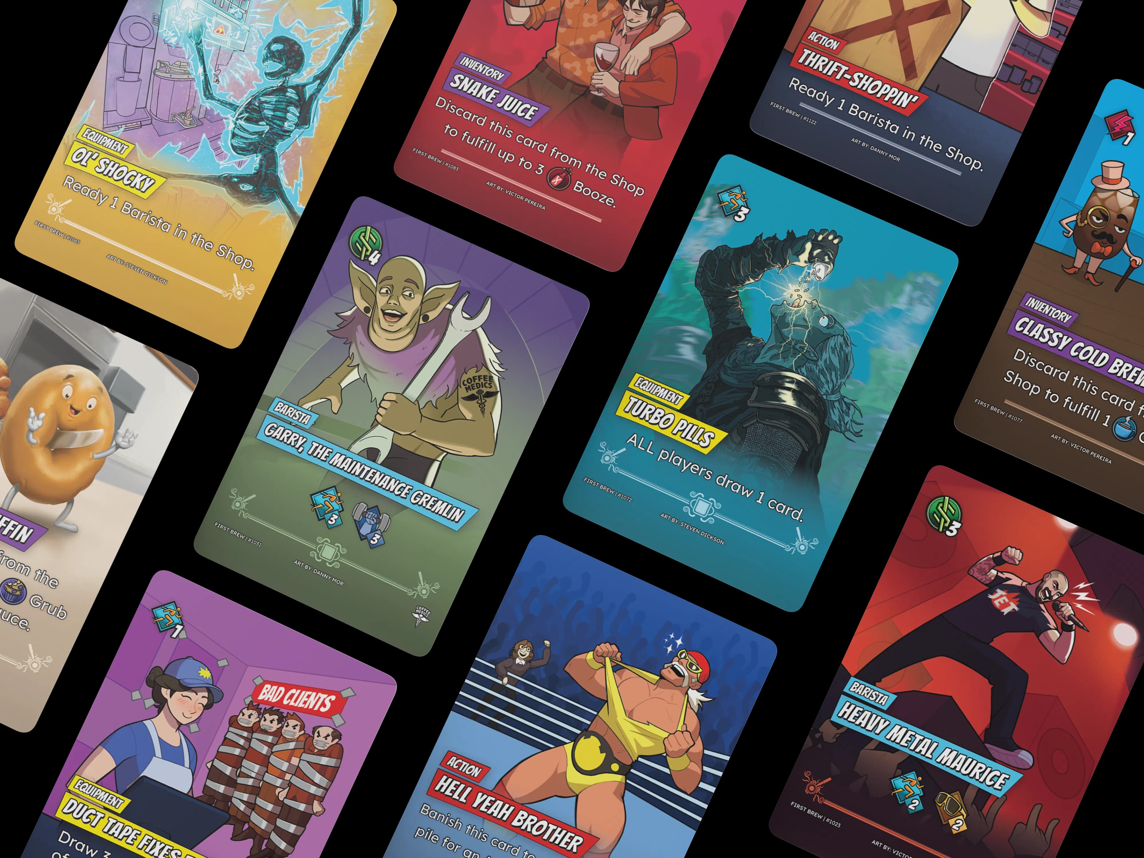 A spread of hand-drawn Barista Brawl cards