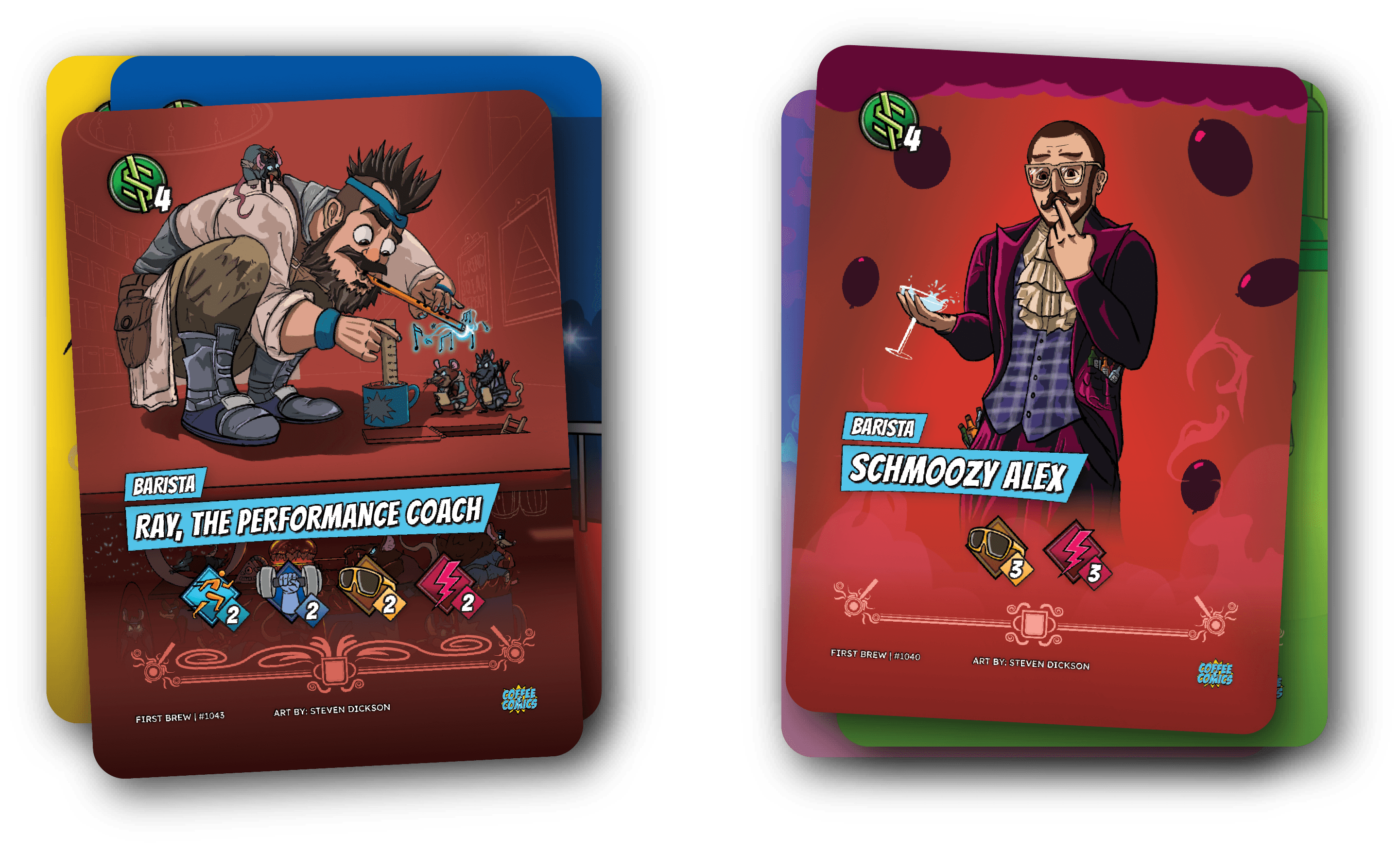 Barista Brawl cards: Ray, The Performance Coach and Schmoozy Alex